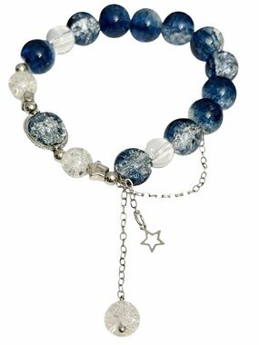 Bracelet OS Planet & Stars Glass Stretch Beaded Blue & Silver